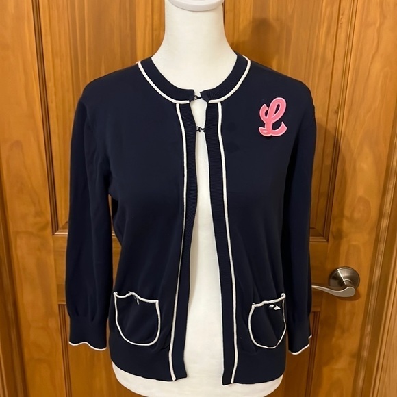 Lilly Pulitzer Sweaters - Lily Pulitzer Rare Size M Navy Cardigan w/Pink L logo